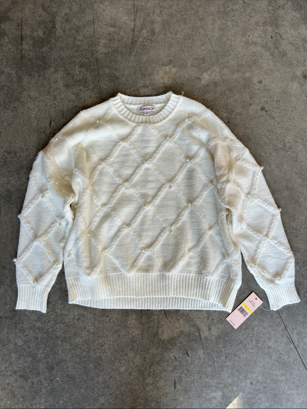 NWT Nanette Lepore Pearl Embellished Sweater Cannoli Cream Size M